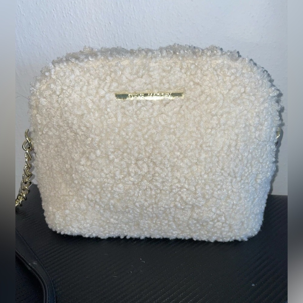 Steve Madden Cream Sherpa Crossbody with Gold Chain Detail